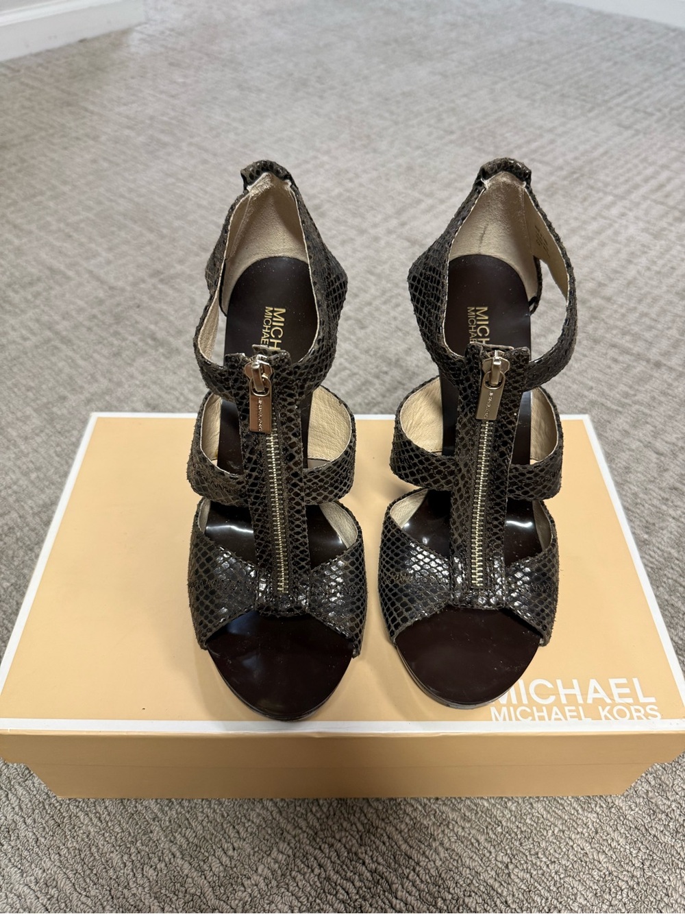 Michael Kors Dark Brown Snake-Embossed Zip Sandals size 8.5